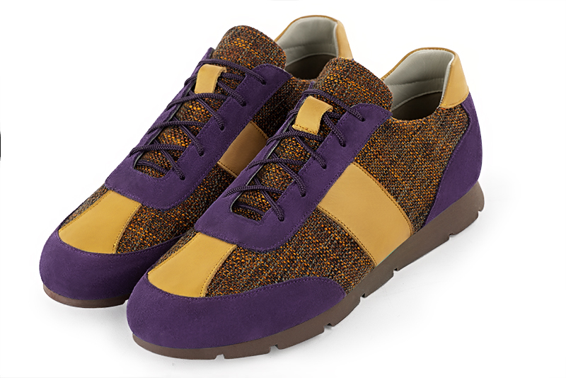 Amethyst purple, terracotta orange and mustard yellow three-tone dress sneakers for men. Round toe. Flat rubber soles. Front view - Florence KOOIJMAN